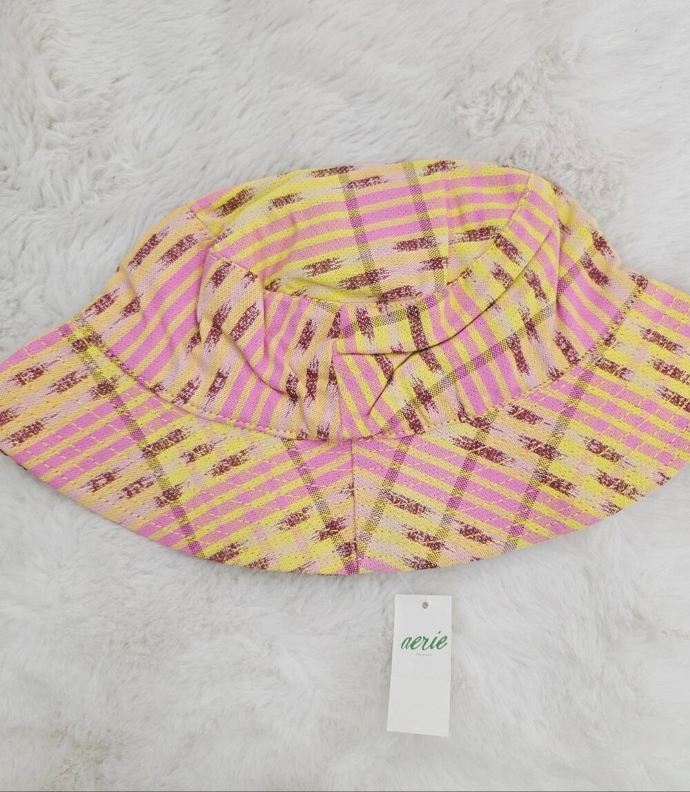 Aerie Pink and Yellow Plaid Reversible Bucket Hat One Size Cotton Sun Cap NWT